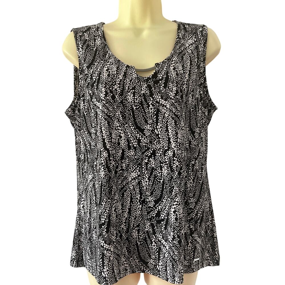 Tahari Black and White Print Slinky Knit Top Blouse Woman Size Large Career